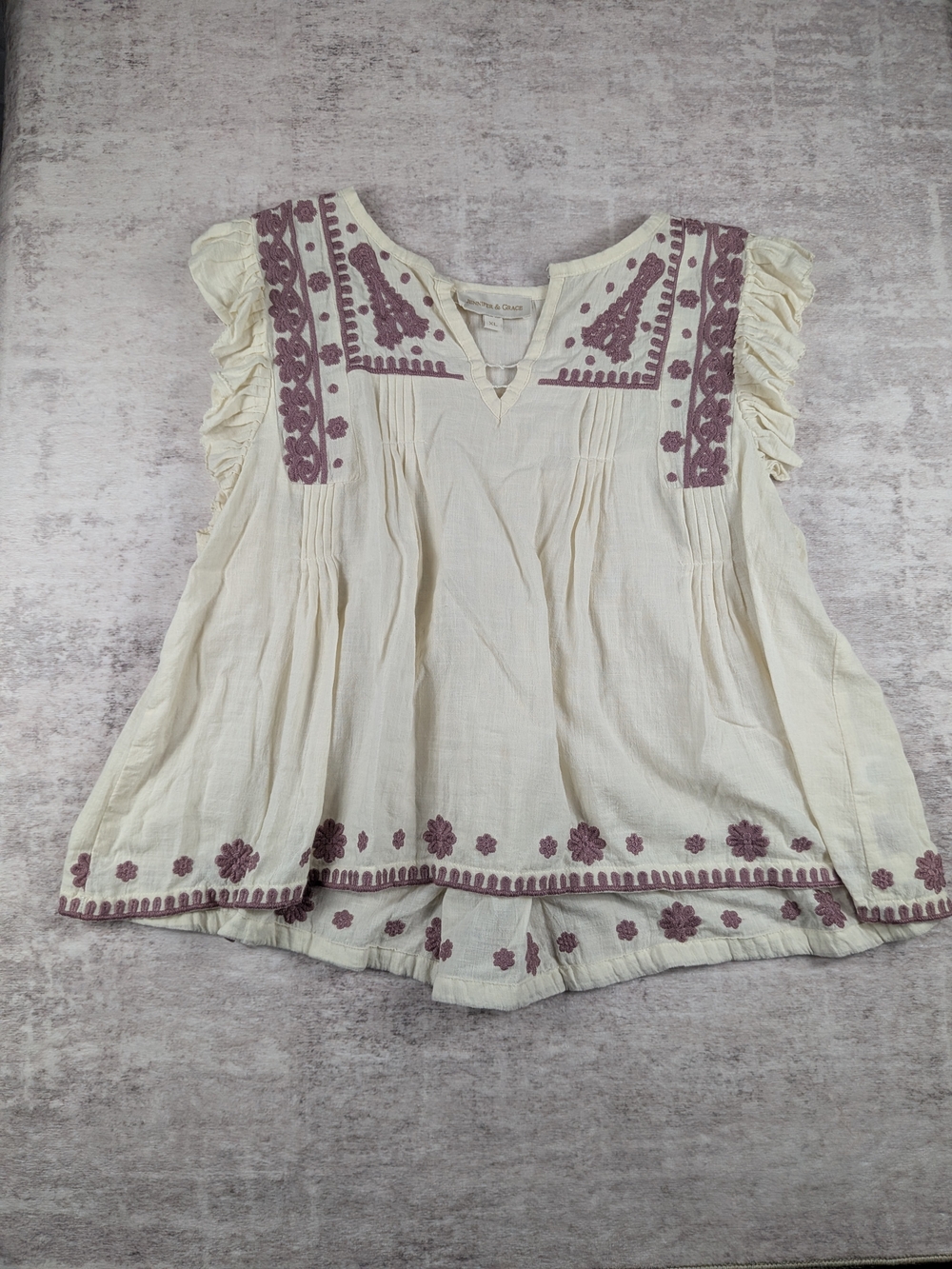 Embroidered Cream Tank Top with Mauve Floral Detailing